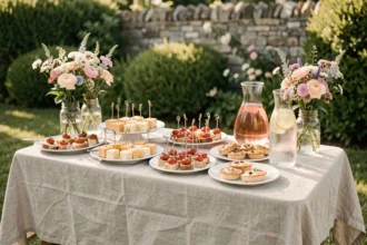 Table de vin d'honneur mariage petit budget avec amuse-bouches, carafes de rosé et eau pétillante décorée de fleurs sauvages dans un jardin