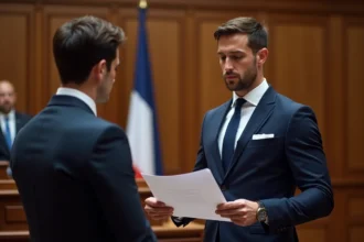 Témoin au mariage tenant des documents officiels aux côtés du marié dans une mairie à l'étranger