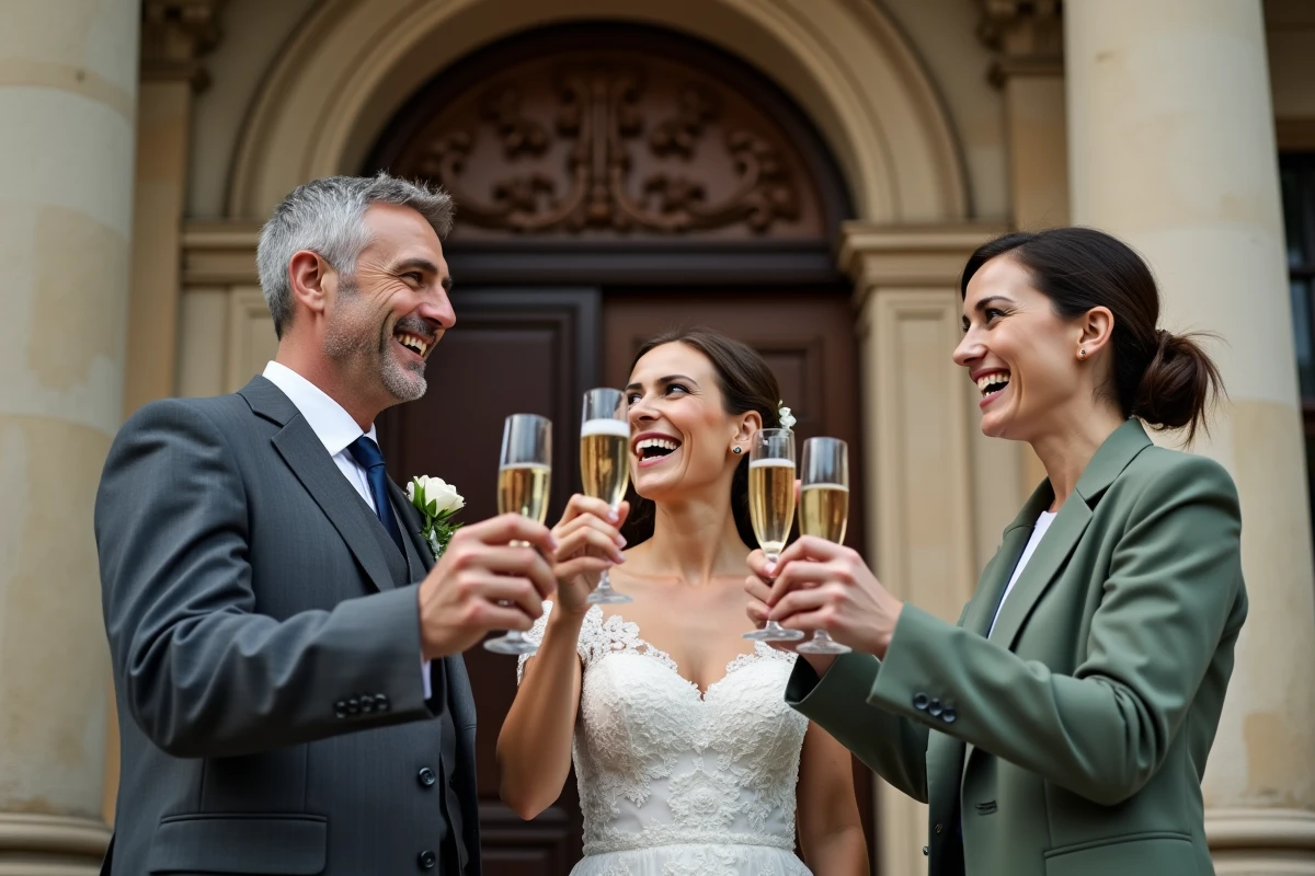 Témoins de mariage portant un toast avec les mariés devant une mairie historique européenne