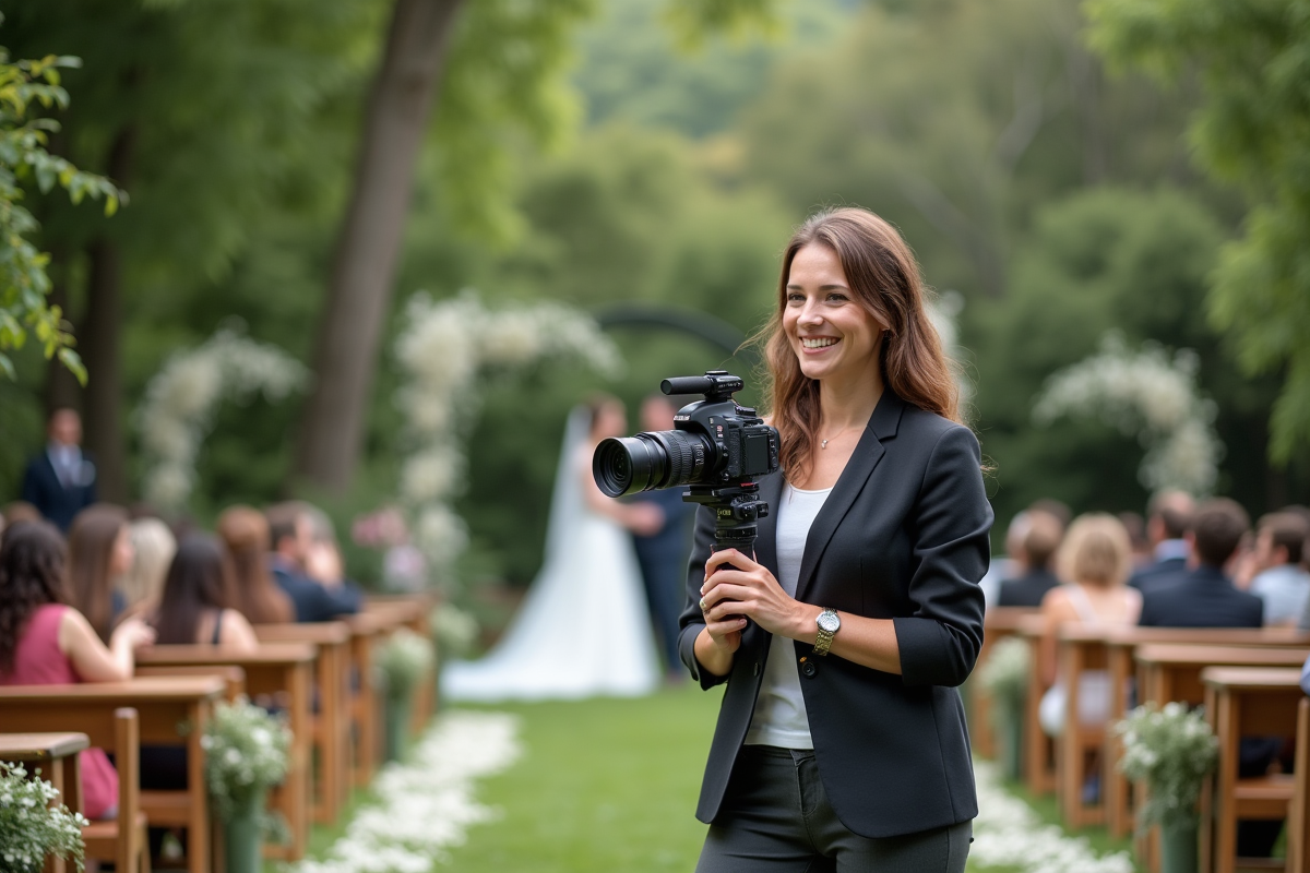 Femme vidéaste souriante filme un mariage en extérieur dans un jardin lush