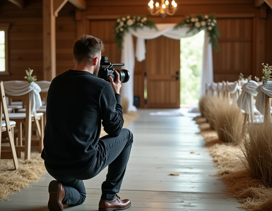 Vidéaste de mariage filmant une cérémonie dans une grange rustique avec caméra cinéma, style documentaire film de mariage little story