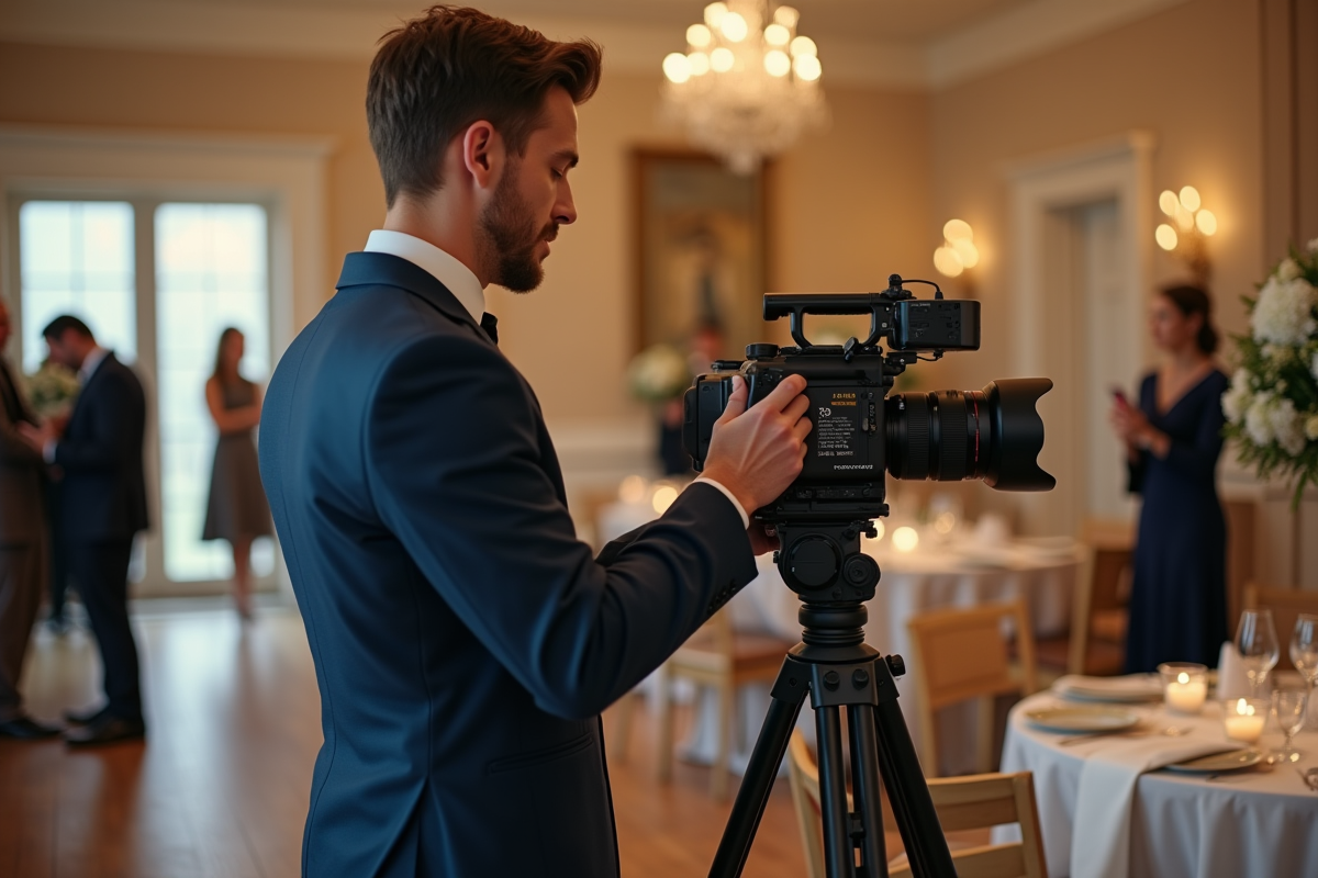 Jeune videaste en costume bleu ajuste sa caméra lors d'un mariage élégant