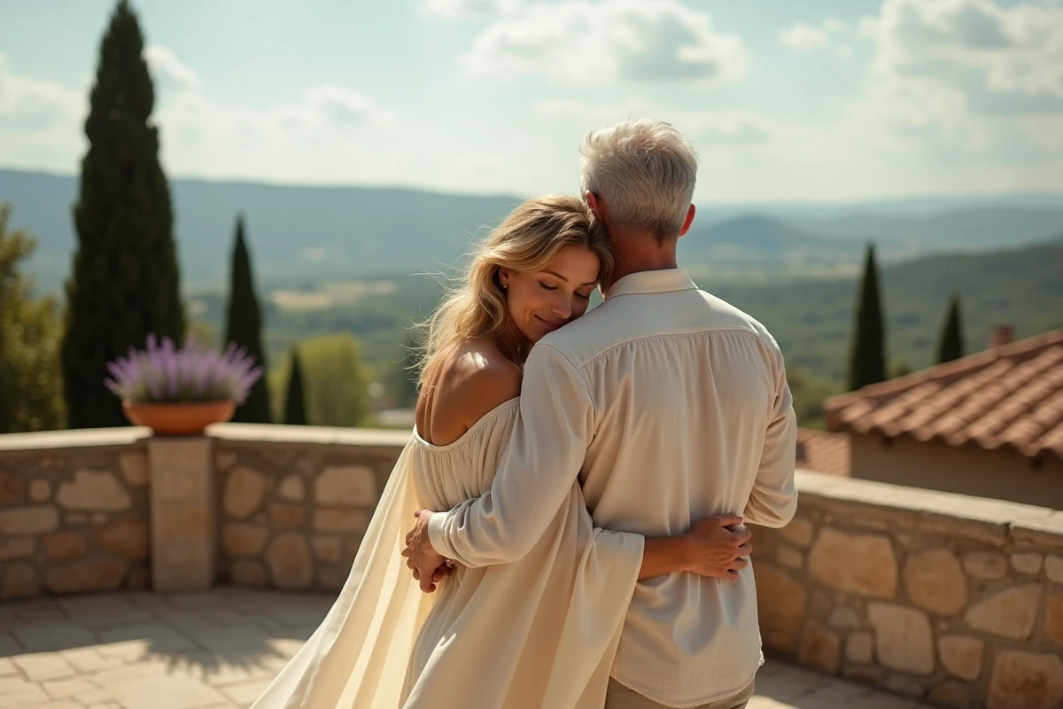 Couple célébrant 36 ans de mariage sur une terrasse en Provence, femme en robe mousseline ivoire et homme en lin, vue sur village provençal