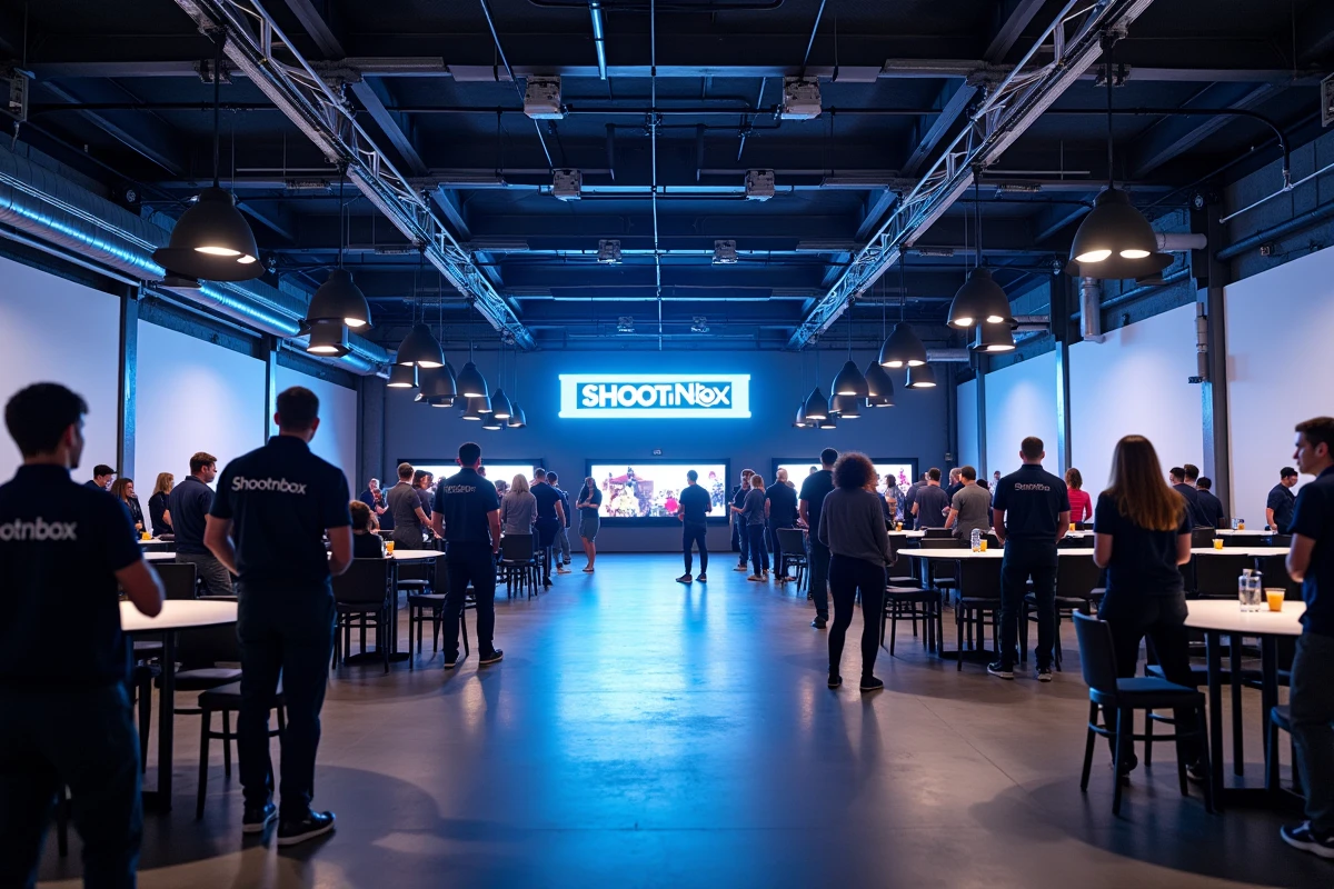 Vue d'ensemble d'une salle de soirée d'entreprise avec plusieurs bornes Shootnbox et des équipes en pleine activité team building