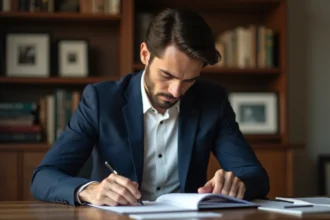 Homme consultant des documents dans un bureau moderne, illustrant la curiosité des fans autour de la vie personnelle de Yoann Usai